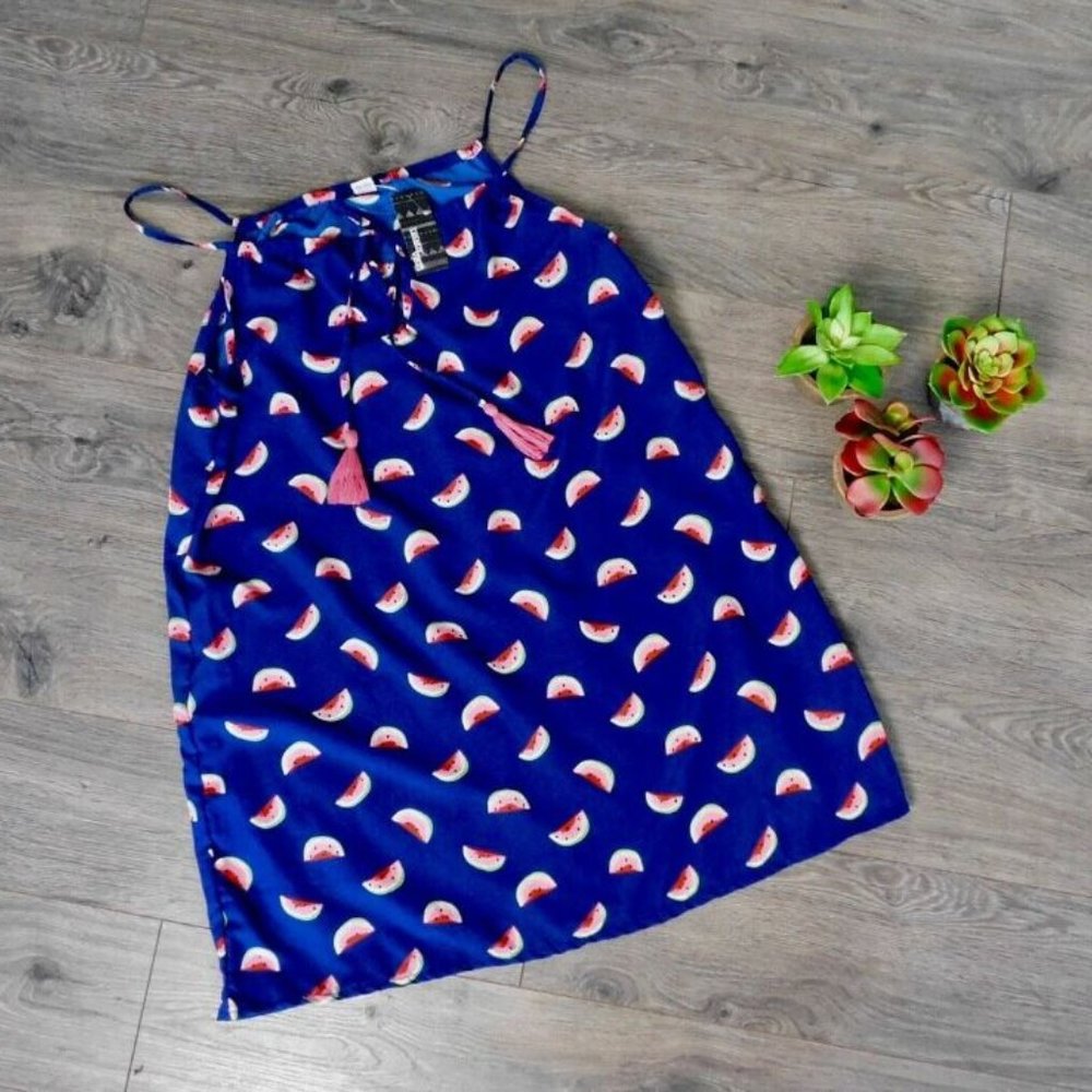 + Bright blue watermelon print tank top with tassels